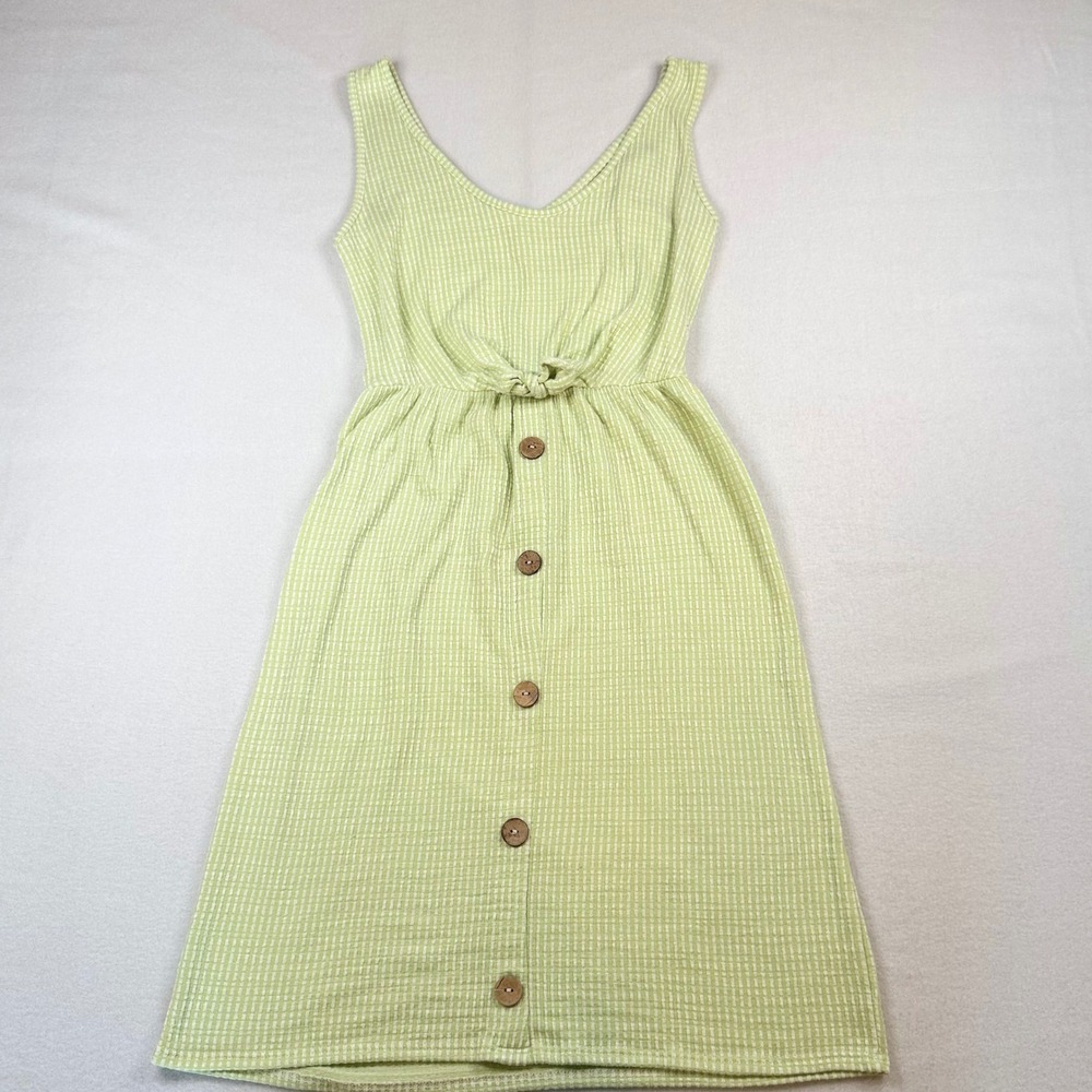 Stitchwurks Lime Green Gingham Tie Front Button Down Midi Dress Sleeveless